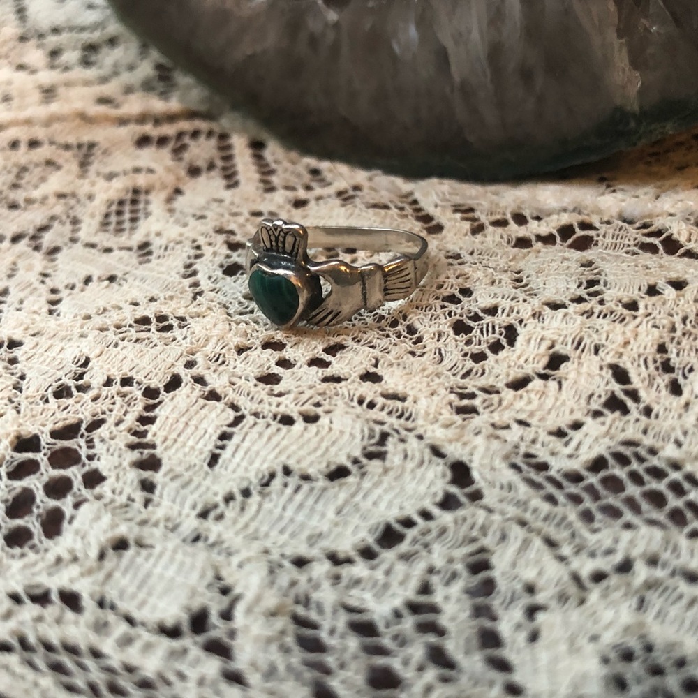 Sterling silver, malachite, Claddagh Ring.